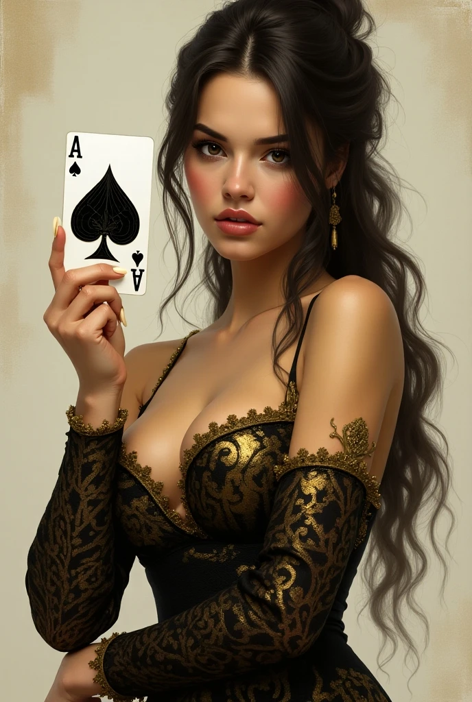 Em um luxuoso cassino, A stunning woman wears an exquisite dress adorned with heart symbols, embodying the royal presence of the Queen of Hearts. Surrounded by a backdrop of poker cards and chips, She exudes confidence and seduction, convidando os jogadores a testar sua sorte e habilidades no jogo de azar.