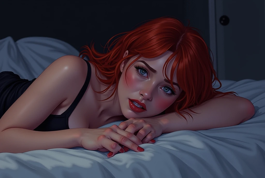 create an image of a with red hair,longos e ondulados. Pale Pelé, blue eyes with lots of dark circles, an expression of apprehension on his face. she is lying in bed at night in a floral dress. 2D style, make the image further away from the girl and also make the environment darker, do it in the Spider-Man style, leave a wider scenario