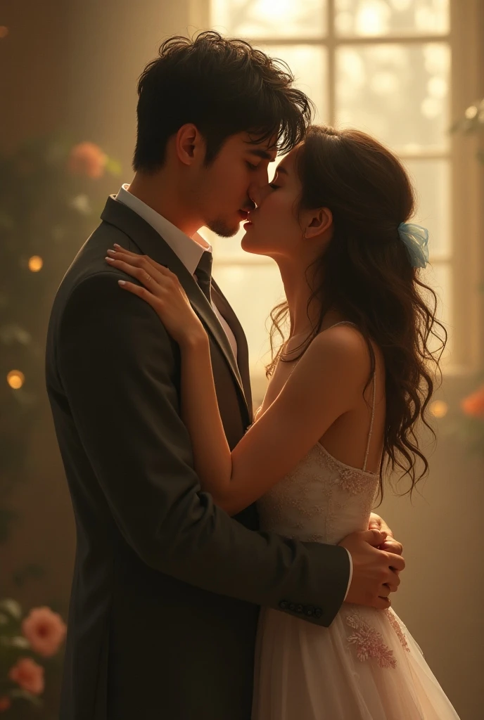 boy shirtless kissing and making out passionately with a woman wearing a saree leaning on windowsill, natural light, intense and intimate, lustful