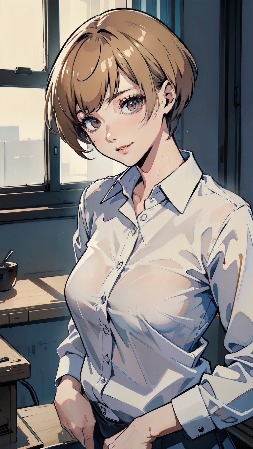 best quality, 1girl, white shirt, collared shirt, oversized_shirt, unbuttoned_shirt : white_underwear , dark_room, looking down, sensual, rotated, granny flat, evening, Chie Satonaka , fingersmile:1.2, bored,short_hairl, color connection, colorized, vibrant color scheme, colorful, spot color, cinematography, hyperdetailed, beautiful face, 4k, HD, artstation trending on artstation, dynamic_pose : cowboy_shoot : nsfw