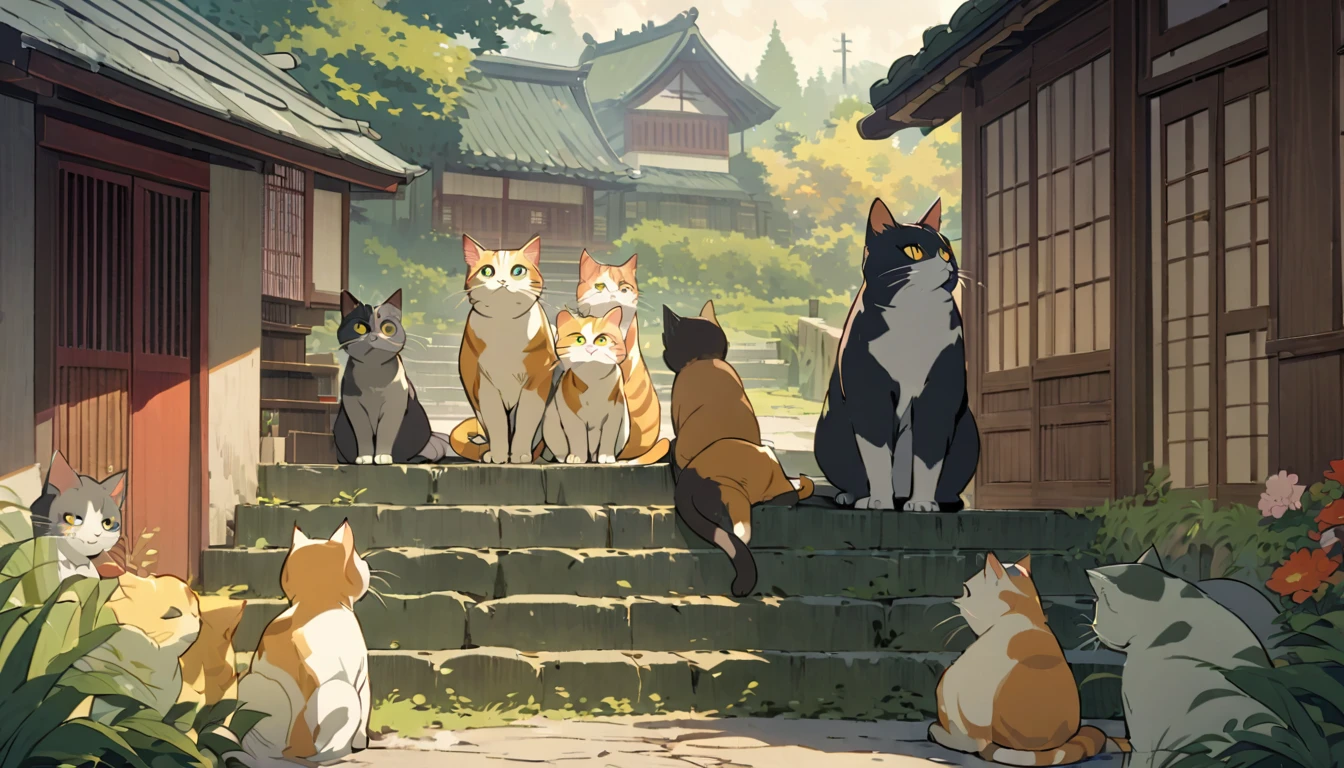 A regal cat earl stands proudly on a set of stairs in post-war rural Japan surrounded by a group of loyal cats, The scene is rendered in a Ghibli-style with soft warm colors and a gentle pastoral atmosphere, The cat earl is at the center of the composition exuding an air of nobility and strength while the surrounding cats look on with admiration, The background features the idyllic countryside of Japan enhancing the nostalgic and heartwarming feel of the scene