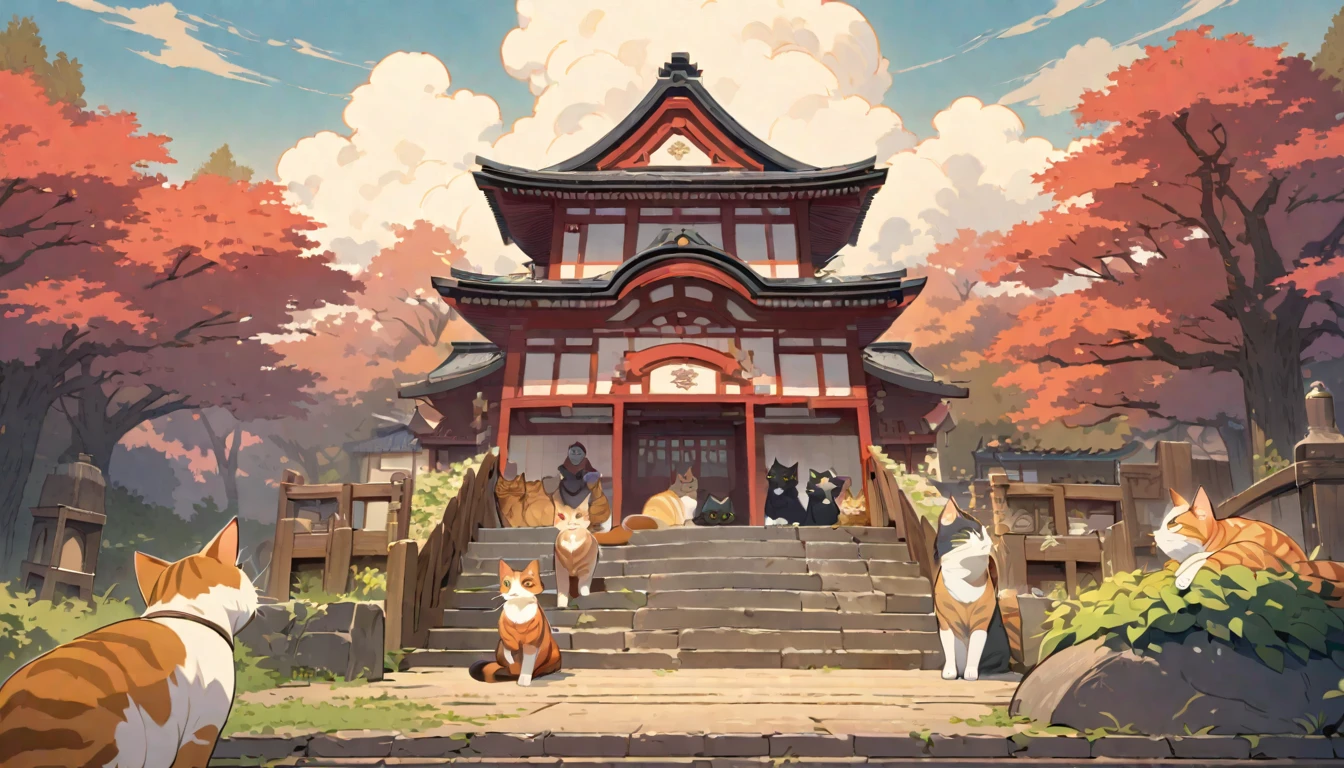 A regal cat earl stands proudly on a set of stairs in post-war rural Japan surrounded by a group of loyal cats, The scene is rendered in a Ghibli-style with soft warm colors and a gentle pastoral atmosphere, The cat earl is at the center of the composition exuding an air of nobility and strength while the surrounding cats look on with admiration, The background features the idyllic countryside of Japan enhancing the nostalgic and heartwarming feel of the scene