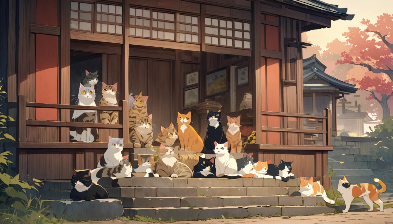 A regal cat earl stands proudly on a set of stairs in post-war rural Japan surrounded by a group of loyal cats, The scene is rendered in a Ghibli-style with soft warm colors and a gentle pastoral atmosphere, The cat earl is at the center of the composition exuding an air of nobility and strength while the surrounding cats look on with admiration, The background features the idyllic countryside of Japan enhancing the nostalgic and heartwarming feel of the scene