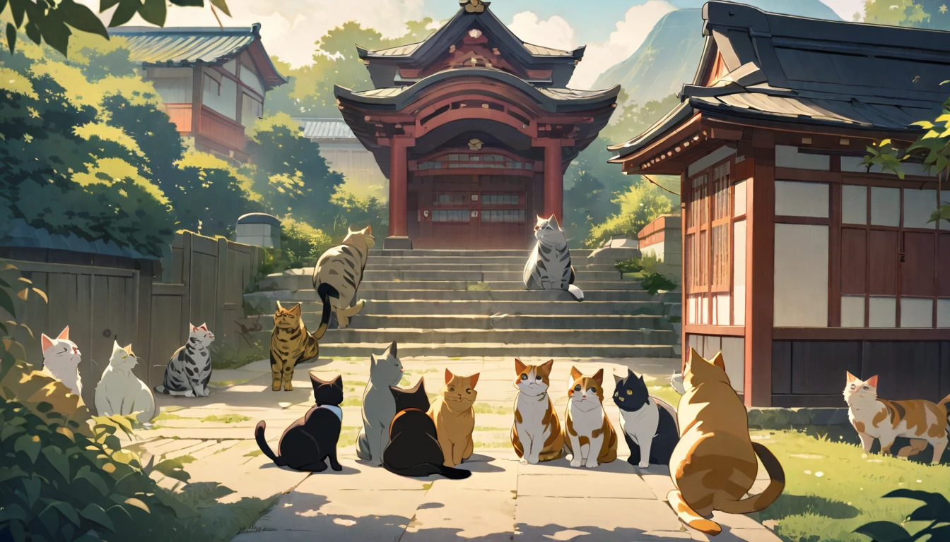 A regal cat earl stands proudly on a set of stairs in post-war rural Japan surrounded by a group of loyal cats, The scene is rendered in a Ghibli-style with soft warm colors and a gentle pastoral atmosphere, The cat earl is at the center of the composition exuding an air of nobility and strength while the surrounding cats look on with admiration, The background features the idyllic countryside of Japan enhancing the nostalgic and heartwarming feel of the scene