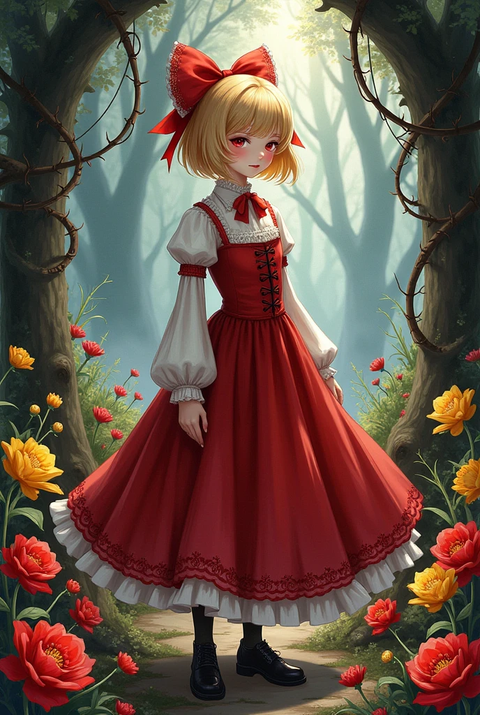 1girl,short hair,blonde hair,red gothic clothes,red flowers,yellow flowers,thistles, thorns,forest,(gloomy,no light),(in cage),big red bowknot,(full body,wide shot,panorama), mfotou, backlight,watercolor
