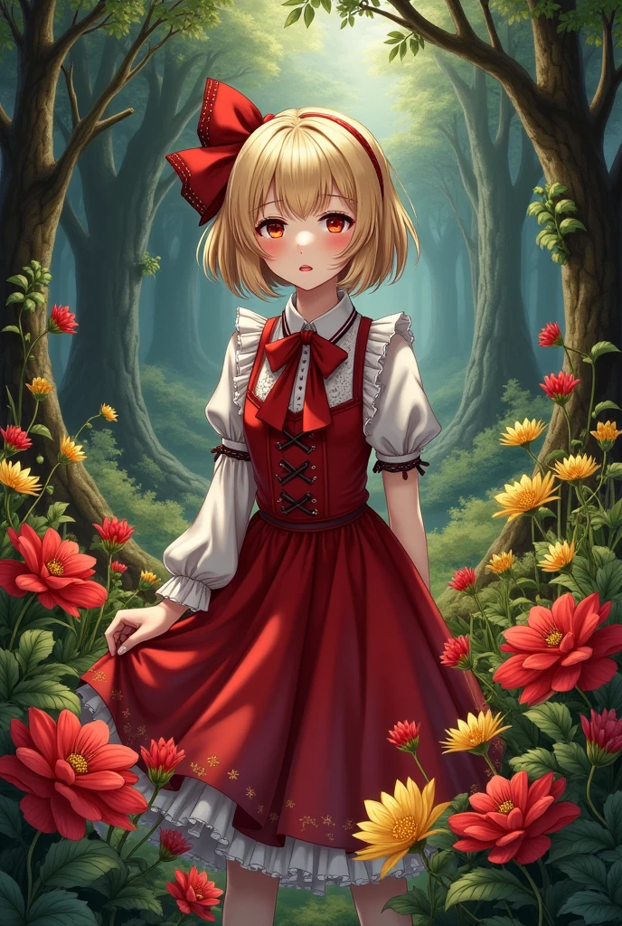 1girl,short hair,blonde hair,red gothic clothes,red flowers,yellow flowers,thistles, thorns,forest,(gloomy,no light),(in cage),big red bowknot,(full body,wide shot,panorama), mfotou, backlight,watercolor
