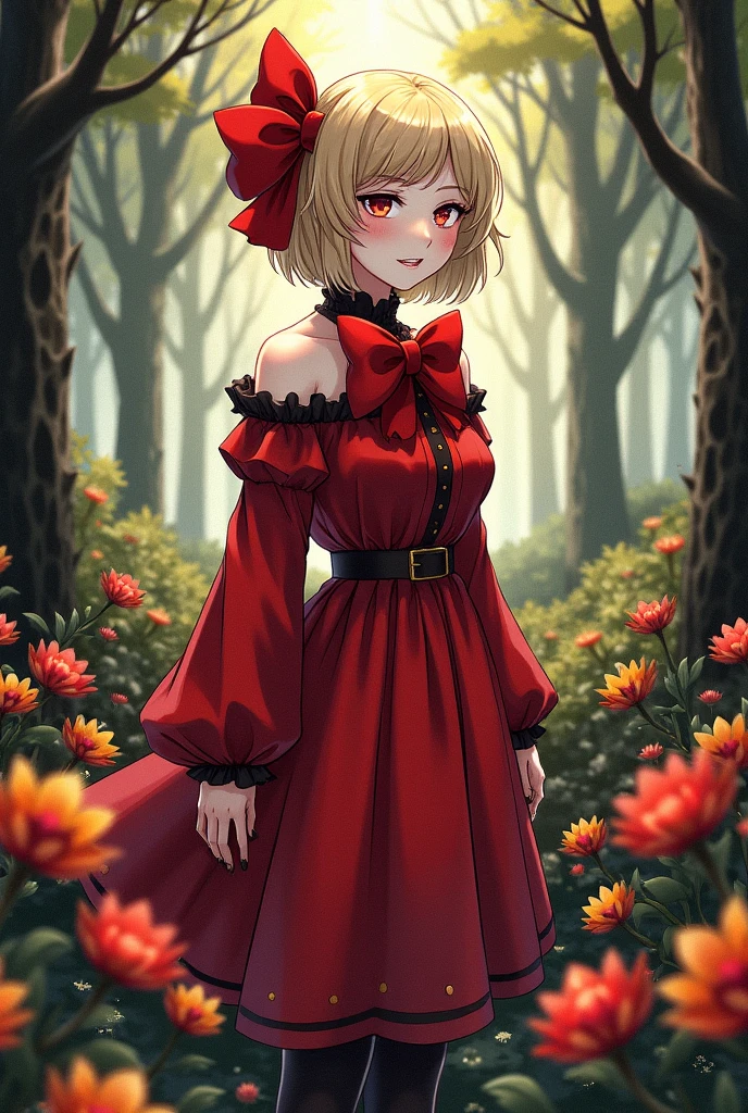 1girl,short hair,blonde hair,red gothic clothes,red flowers,yellow flowers,thistles, thorns,forest,(gloomy,no light),(in cage),big red bowknot,(full body,wide shot,panorama), mfotou, backlight,watercolor
