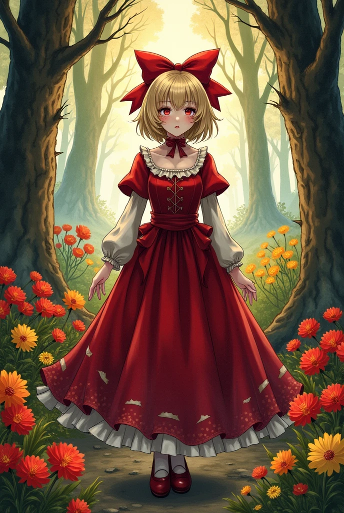 1girl,short hair,blonde hair,red gothic clothes,red flowers,yellow flowers,thistles, thorns,forest,(gloomy,no light),(in cage),big red bowknot,(full body,wide shot,panorama), mfotou, backlight,watercolor
