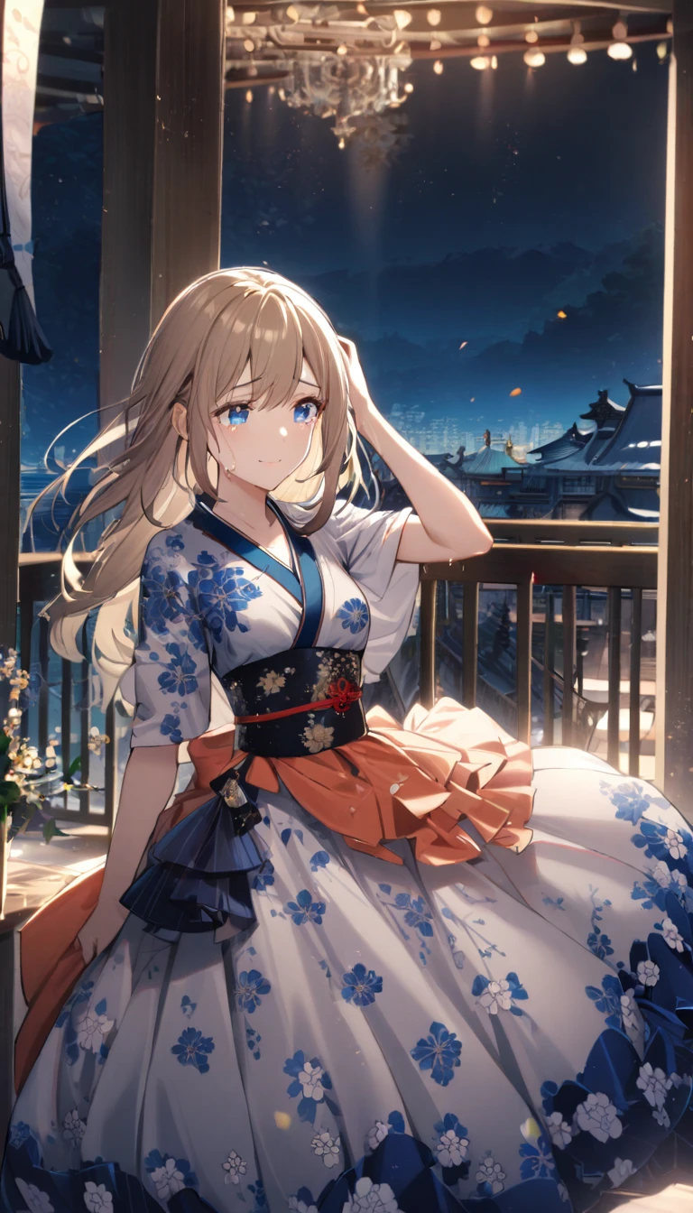  1 girl,Light brown hair color medium length hair,Tears,( blue eyes)+, gentle smile touching your head, smaller breasts,A fusion of a floral print kimono and a ball gown,balcony, Knight , cowboy shot,