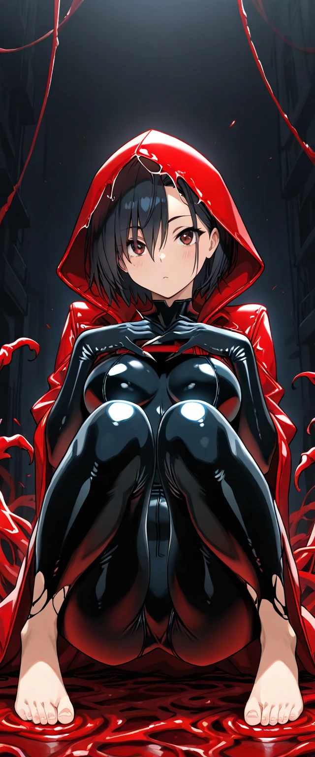 a close up of a photo of a woman wearing a funny hat, sitting on her knees, leaning back on her hands, 1girl, solo, breasts, hood, squatting, black hair, barefoot, faceless, ,,She Carnage Bodysuit, She Carnage Takeover, Latex Like Suit, Masterpiece 1girl, cute anime girl symbiote, sharp claws, She Carnage Anime Girl