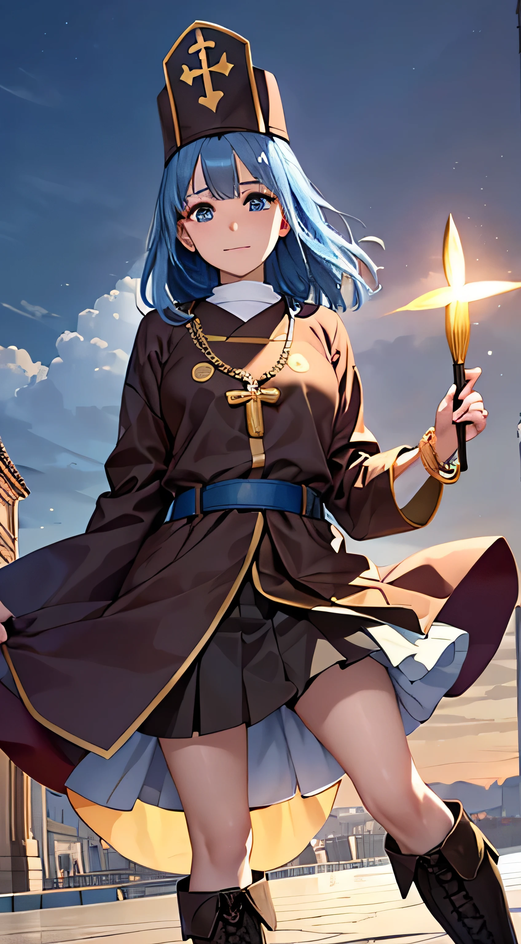 ((masterpiece, Best Quality,  Hi-Res, ,  Perfect Pixel ,  4K, ))), 1 woman, single, Alone, Beauty、The whole body is visible、 ((( light blue straight hair holding a monk's wand))),( bangs, ), (( beautiful eyes,  beautiful eyelashes ,   Real Eyes )), ((  detailed face  , )), (( smooth texture:0.75, Realistic texture:0.65,  photorealistic :1.1,  anime CG style)),  medium chest,  Dynamic Angles ,  perfect body ,  ((Priest costume、(Luxurious Mitra 、blue long tabert)、 Bracelets、Priest hat 、、 brown leather boots 、Gold Circlet))、cathedral、、、 lean forward、、  very embarrassing panic smile、、 、 ( the wind rolled up her skirt 、、、、)、