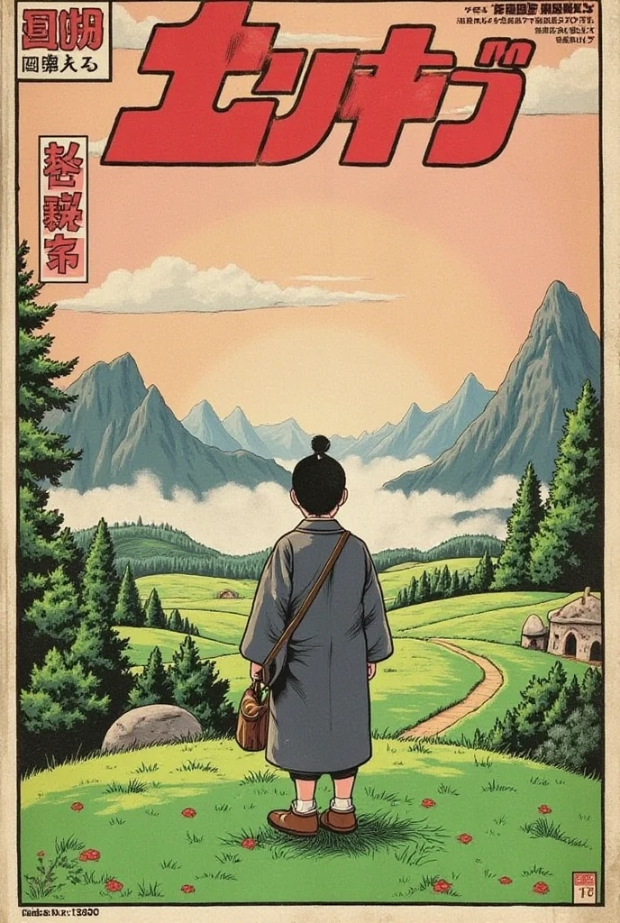 A vintage Japanese-style manga cover inspired by the 1980s, featuring a lone character in a peaceful fantasy landscape reminiscent of Studio Ghibli. The character, dressed in a flowing traditional robe with a satchel at their side, stands contemplatively on a grassy hill under a sky in soft pastel shades of pink and orange, evoking a serene sunrise or sunset. The distant misty mountains add depth, and a winding path leads from the character toward the horizon. Title in stylized Japanese kanji is prominently displayed at the top, with subtle Japanese text scattered along the edges to enhance authenticity. The bottom corner features “Issue No. 3” and “Price: ¥200” to complete the vintage manga cover look.