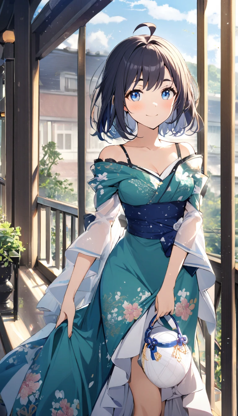  1 girl, casual, Ahoge,  short hair,  blue eyes,  Eyebrow, gentle smile touching your head,A fusion of a floral print kimono and a ball gown,balcony, Knight , cowboy shot,