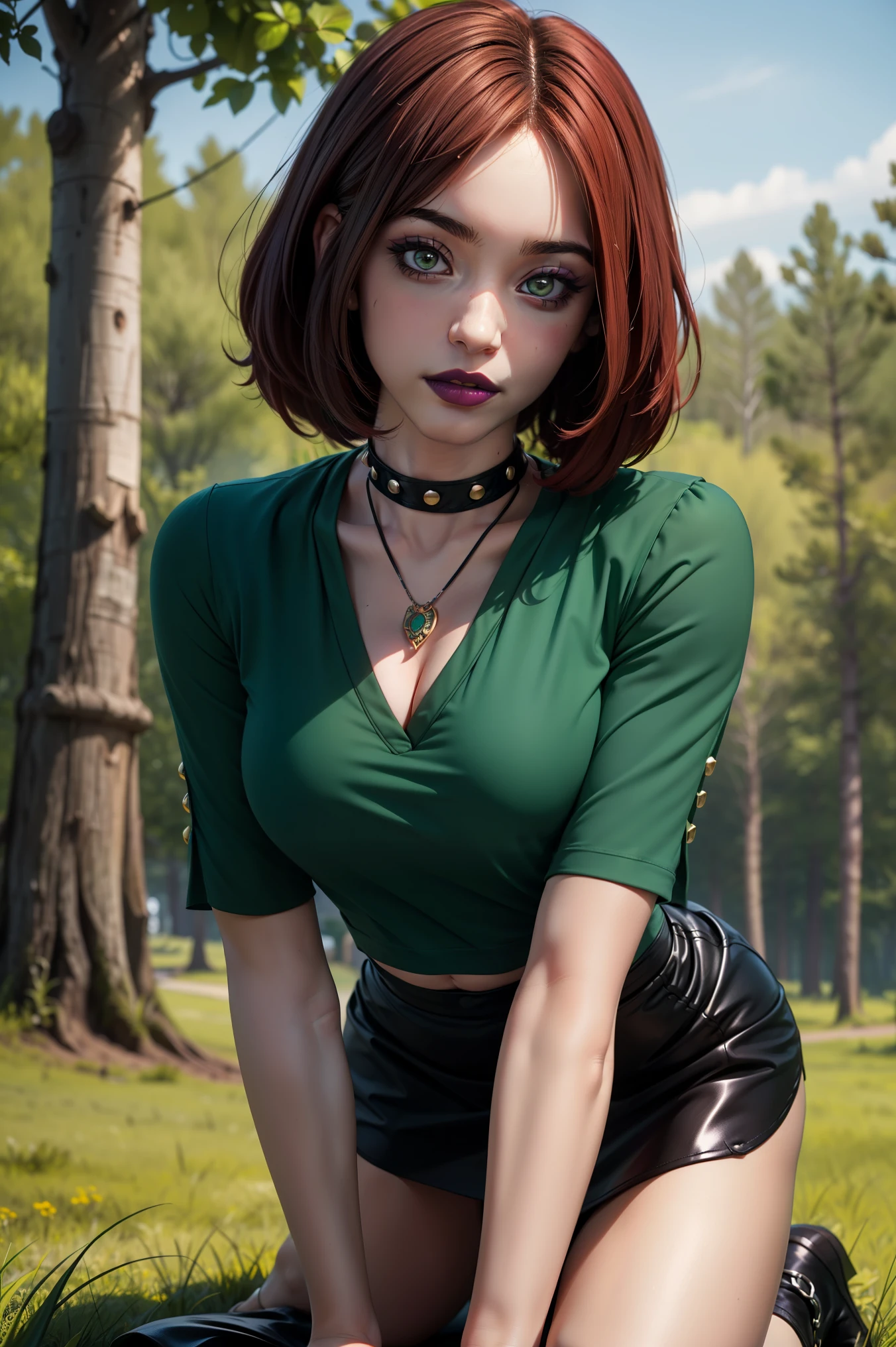 (masterpiece,  best quality ,  ultra-detailed),  1girl, RogueXME,  bicolor hair , (  red hair), white bangs,  green eyes , purple makeup , purple lipstick, necklace,  studded collar ,  medium breasts ,  green shirt, black skirt, Mini-skirt,  all fours , grass, trees