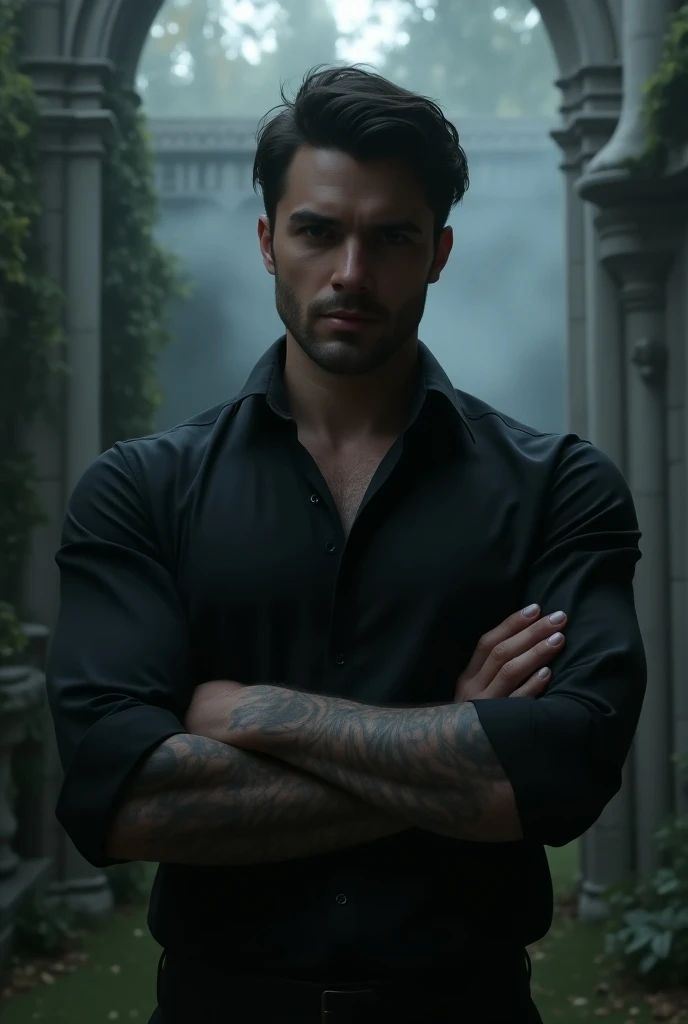handsome vampire male, handsome, masculine, short hair, sexy, beefy, hairy, muscular, red eyes, fangs, candles, atmospheric, menacing expression, mean, evil