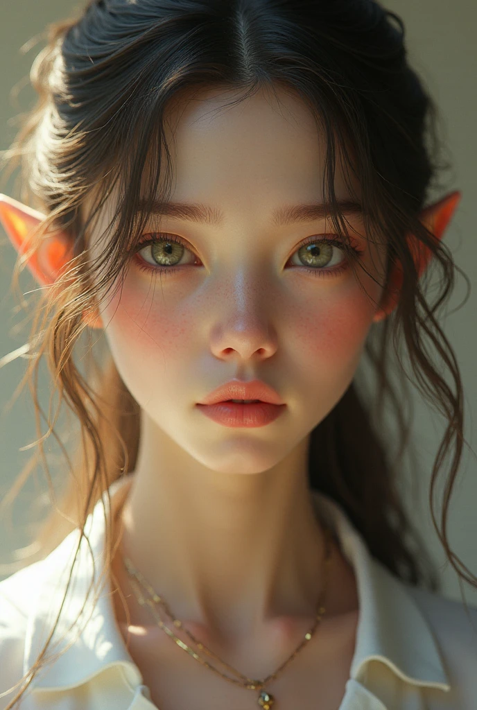 Super realistic illustration, Cinema 4D rendering, 1 elven girl, solo, upper body, detail face, fine skin, detail eyes, beautiful eyes