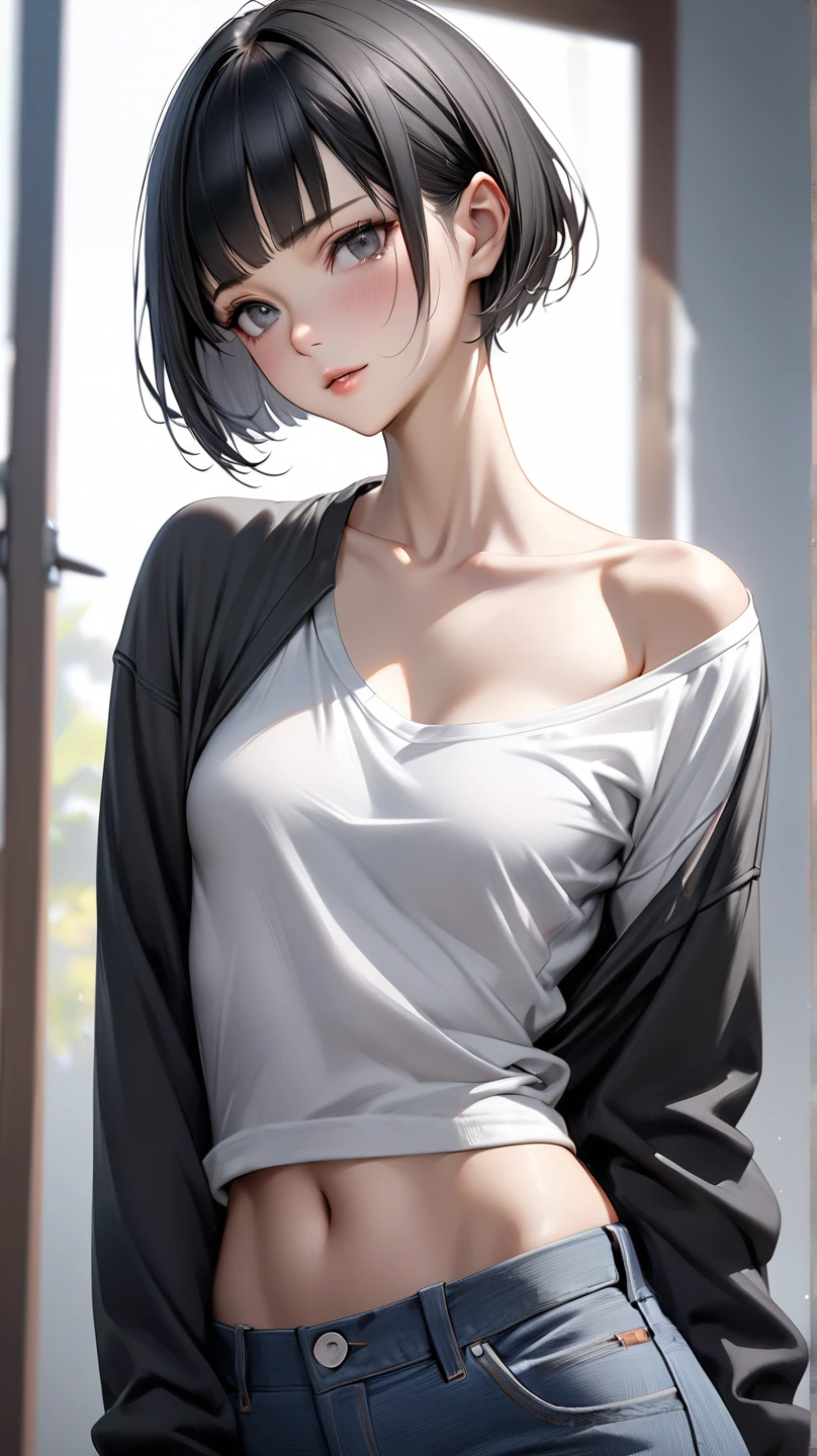 ((((masterpiece, best quality, high resolution)))), (1girl:1.5), ((short silky hair, black hair, blue eyes, sharp eyes)), (medium breasts:1.2), blush, (cheeky smile, parted lips), glow, thighs, bare shoulders, collarbone, narrow waist, (slender body figure), (beautiful detailed face, beautiful detailed eyes), ((wet white tshirt, panties showing package:1.3)), (standing up), looking at viewer, nighttime, bedroom