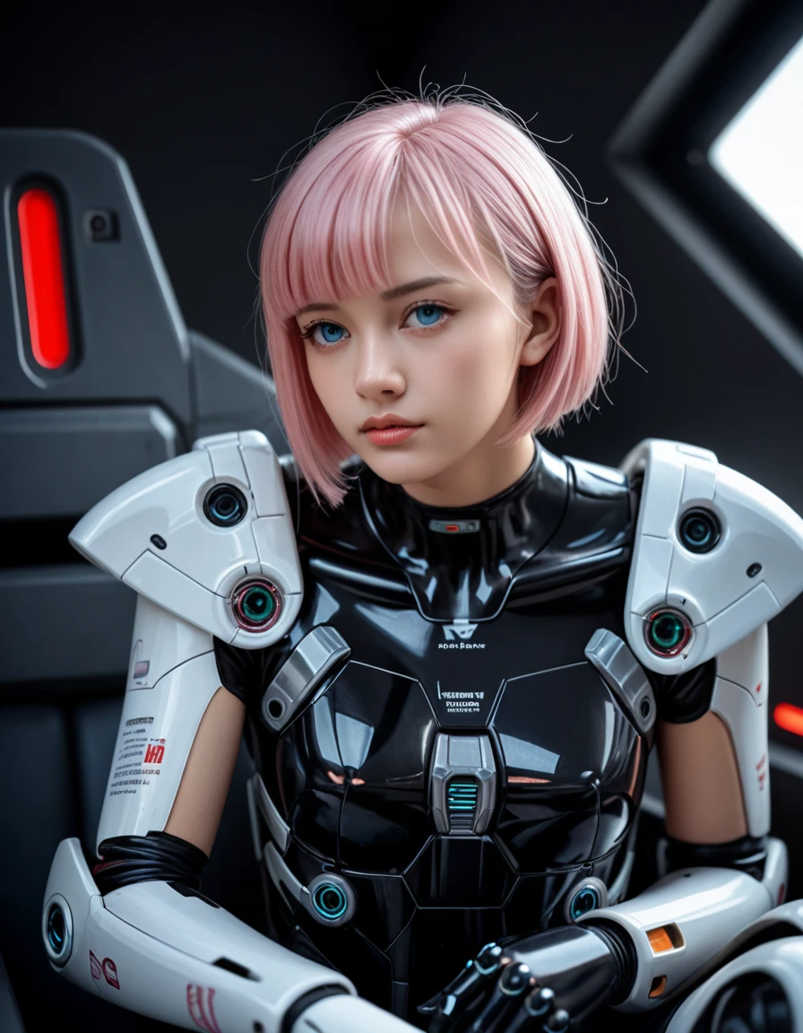 (masterpiece, best quality), 8K Ultra HD, high resolution, photo realistic, Araffe mexican girl in a futuristic suit with a gun in her hand, girl in mecha cyber armor, mechanized soldier girl, beautiful face, sexy body, small breasts, light skin tones, which may appear pale, Chinese skin tone, light blue eyes, extremely pink short hair, detailed hair, perfect android girl, cute cyborg girl, wears a futuristic form-fitting translucent suit, Transparent Glossy skin, cyberpunk anime girl mech, female mecha, beutiful girl cyborg, cyborg girl, Black Metal, Intricate Ornament Details, intricate detail, portrait armored astronaut girl, mechanized valkyrie girl, sitting on a spaceship Cockpit, in spaceship Cockpit Background, lying in soft shiny couch, high alien technology, ultra-detailed background
