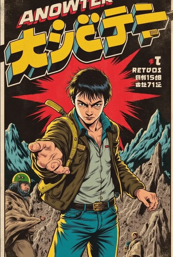 A classic shounen manga cover inspired by the bold, action-packed style of vintage shounen covers, featuring a dynamic young hero in mid-action pose, with intense focus and fiery determination in his eyes. He's dressed in a rugged, adventurous outfit, with tousled hair and a hint of scuffs and dirt from recent battles. His hand is outstretched, reaching toward the viewer, as if inviting them into the story. Behind him, a dramatic backdrop of towering mountains and a stormy sky, streaked with lightning, heightens the sense of danger and excitement. **Bold Japanese kanji title** emblazoned across the top in energetic, stylized brushstrokes, while smaller kanji text for **“Issue No. 1”** and **“Price: ¥200”** appear in the lower right corner. A color palette of intense reds, blacks, and whites amplifies the action-packed vibe, with the hero highlighted by a subtle glow that adds an aura of power. The cover design is completed with a slight worn texture, giving it the authentic, gritty feel of a classic shounen manga.