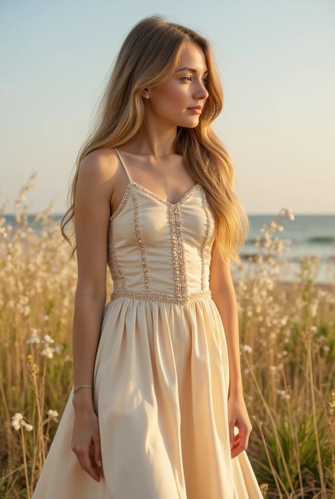 beautiful female blonde , (sundress), outdoors, (natural skin texture, daylight), (intricate details), (hyperdetailed), medium shot, (hdr), (cinematic), low saturation, (toned biceps), , flawless skin