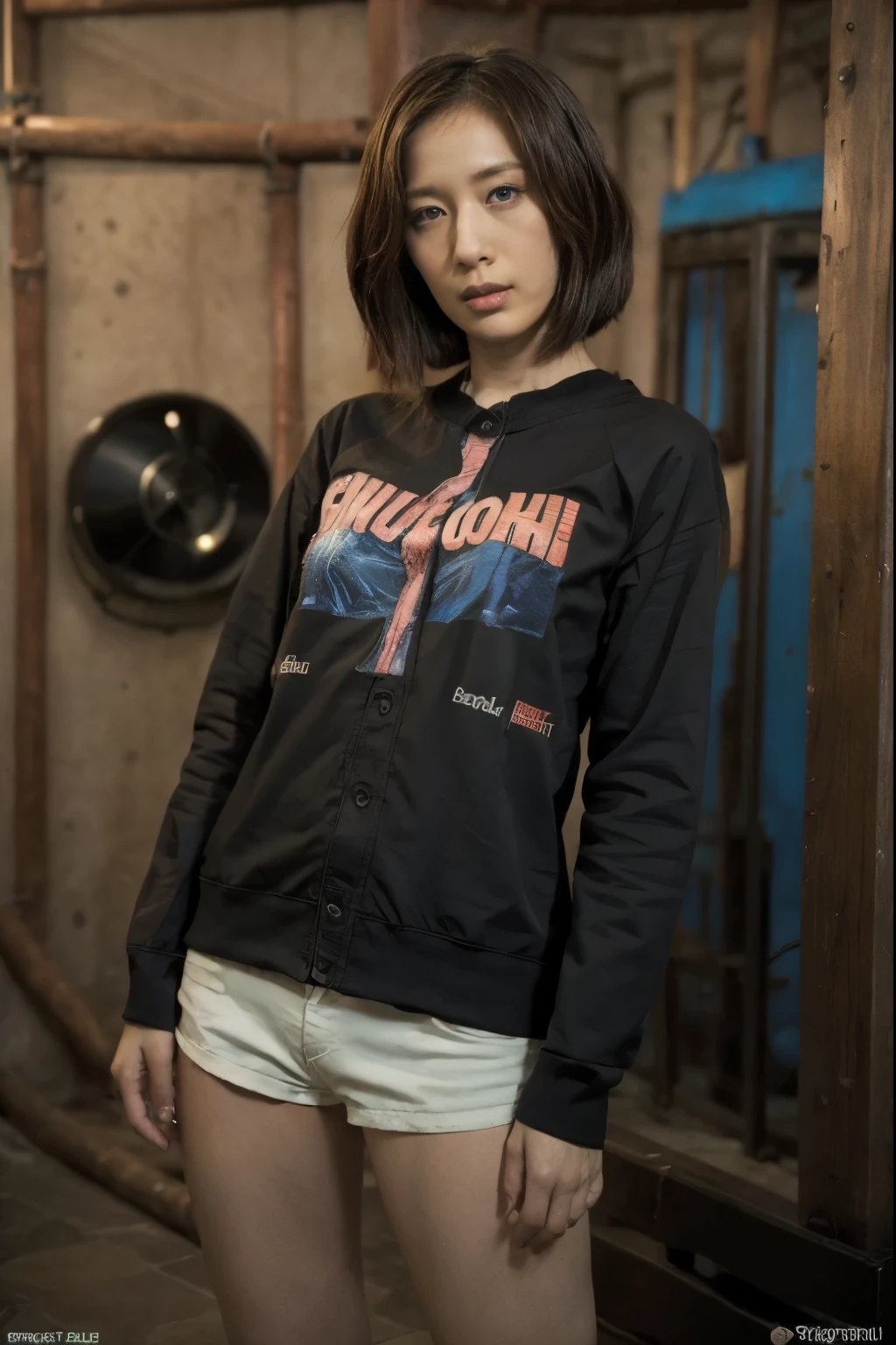photo, (Reality: 1.4), (Surrealism: 1.4), (Movie: 1.5), Female in her 20s, Japan, Female Agent, night, Blu-ray, nervous, short hair, basement,Wires on the wall, water pipe