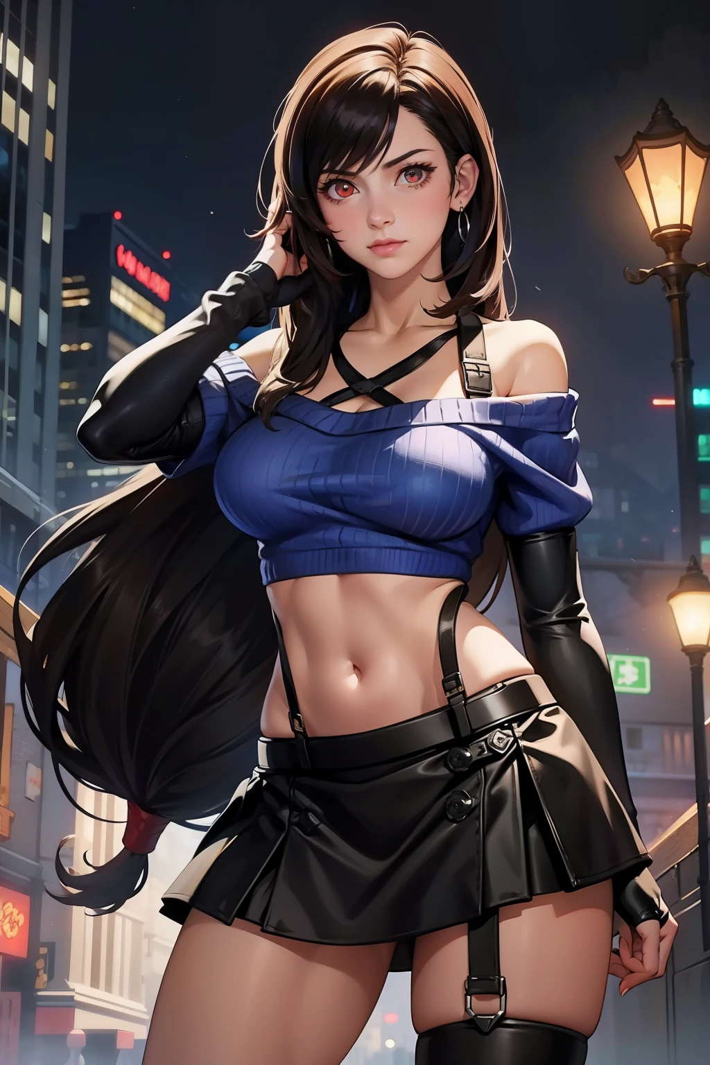 perfect eyes:1.2, detailed eyes:1.4, serious, hand on hip, night, city, metTifa, red eyes, large breasts, low-tied long hair, earrings, cropped sweater, blue sweater, off-shoulder, short sleeves, suspender skirt, elbow gloves, armored legwear, medium full shot, thigh-level shot, 1girl,(masterpiece:1.6, best quality),