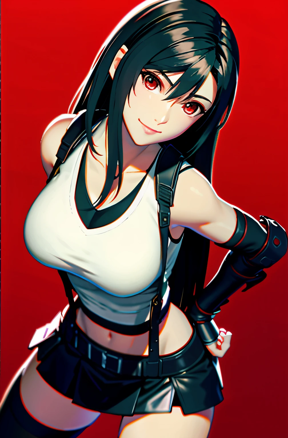(score_9, score_8_up, score_7_up), BREAK (masterpeace),(best quality),(aesthetic,very aesthetic),film grain,,,1girl, tifa lockhart, final fantasy,(beautiful woman). black hair, low-tied long hair, red eyes, bangs, white tank top,gap, belt, pleated skirt, thighhighs, elbow fingerless gloves, elbow pads, midriff, navel,suspender skirt.zettai ryouiki ,,(large_breasts:1.3),Solo,upperbody,looking_at_viewer, vibrant, joyful,cafe and bar,,,mediumshot,(Emphasize the cleavage)、(leaning forward:1.3), (hands on knees) ,Showcasing cleavage:1.2 ,breast hold,straight-on,