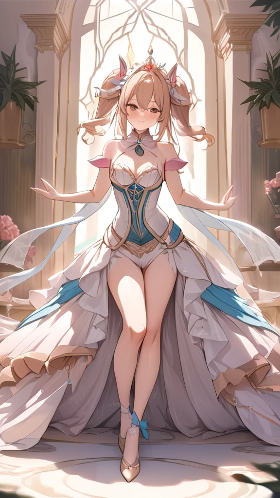 (masterpiece), best quality, expressive eyes, perfect face,(fox girl, Fox ears, fox tail),((light brown hair)),(glowing yellow pupils),(huge breasts:1.4),cleavage,(princess:1.2),(pink and light blue floral deep V dress with a rose corsage:1.5),high heels,crystal pendant,circlet,earrings,armlets,bracelets,bashful smile,standing,sexy pose,golden castle,(night:1.1),(starry sky 1:1)