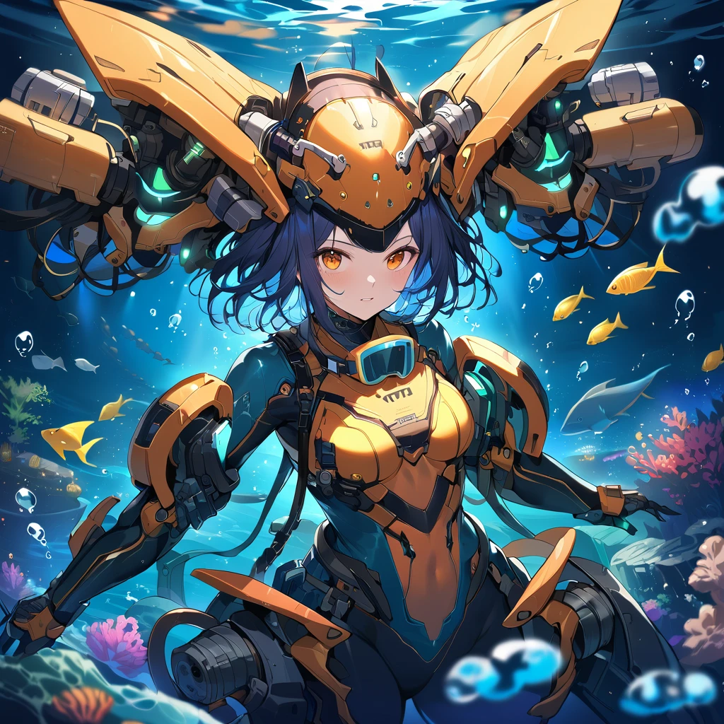 Digital artwork of a mecha girl equipped with an assumption of underwater combat, mermaid mecha girl, short hair, wolf cut hair, underwater goggles, futuristic snorkel, headgear, underwater bodysuit, tight skin, mermaid exoskeleton, hydro pump cannon equipment, underwater, underwater, seabed, dim, foam, light particles, cowboy shot, combat posture, underwater battle scene, The deep sea, night, (RGB bioluminescence glowing on body), masterpiece, best quality, ultra detailed, intricate detailed, highly detailed skin