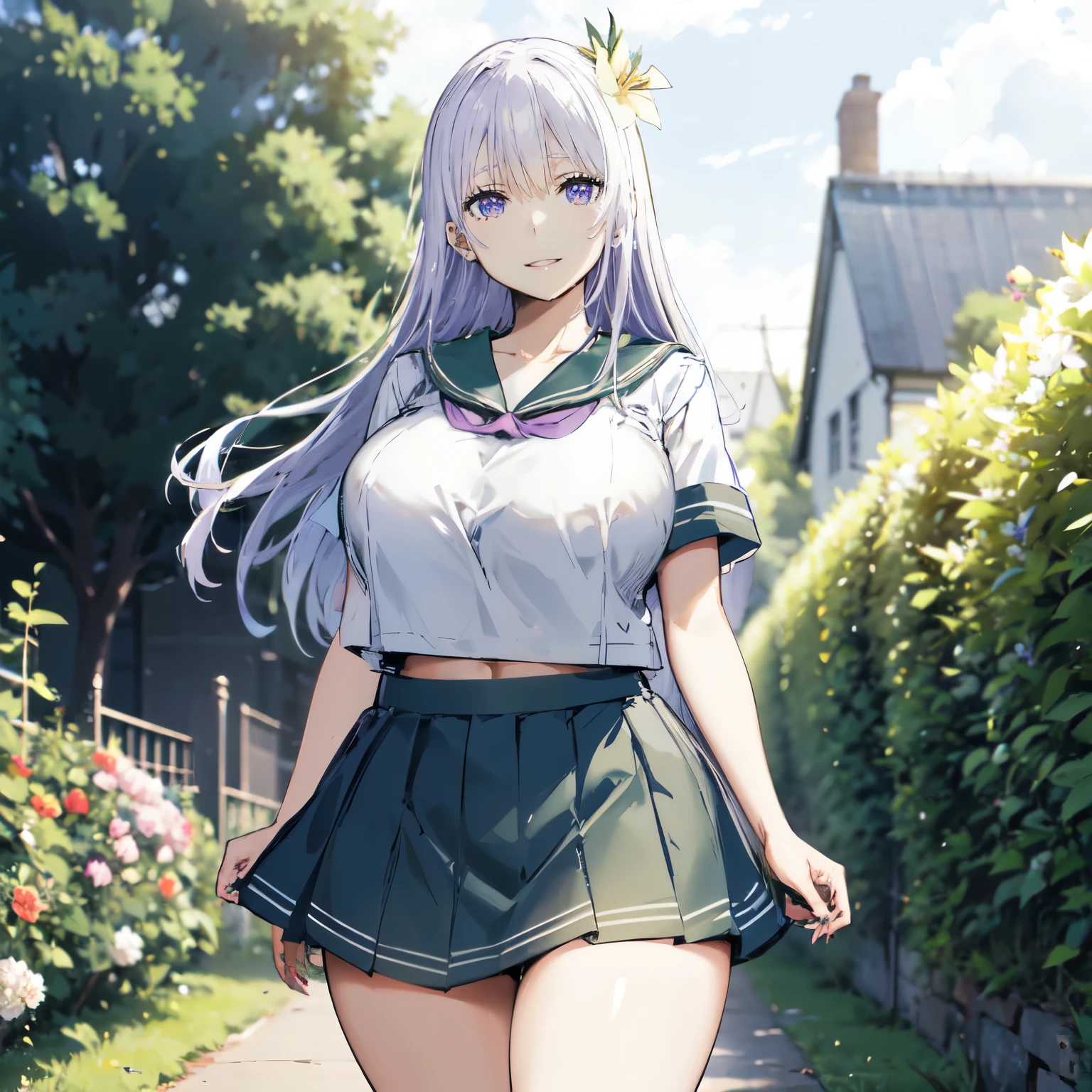 silver hair, very huge tits , ((sailor uniform, green short skirt)), thick, busty, flower hairclip, purple eyes, long hair, upperbody, smile, legs, thigh, garden flower background