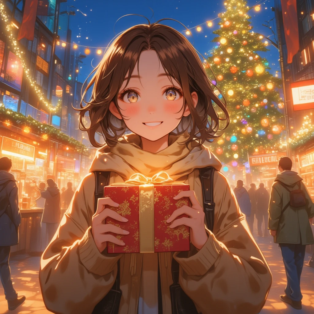 (Masterpiece, high quality, high definition, 4K, 8k, detail）、Christmas, a girl （ cute face、 beautiful eyes、 brown hair、A great smile、red cort）、I have a Christmas present、look at me,  with a large Christmas tree in the back、 Christmas Market 、 CG Integrated Wallpaper (Christmas design), gritting　 Soft bright light、Daytime events、Christmas color,  viewpoint for an icon 