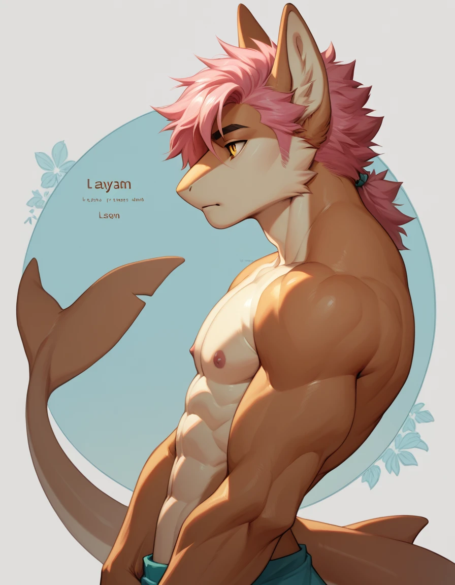 Solo, male, anthro kitsune shark, oriental, athletic, slim, beige body, pink hair, solo, male, shark, colored body fur, fluffy fur, yellow eyes, lean body, anthropomorphic shark , femboy, muscle, , pink hair, bara, fursona reference, reference, correct anatomy,correct ayes, detailed, furry adopt, for avatar, avatar profile, art for profile,