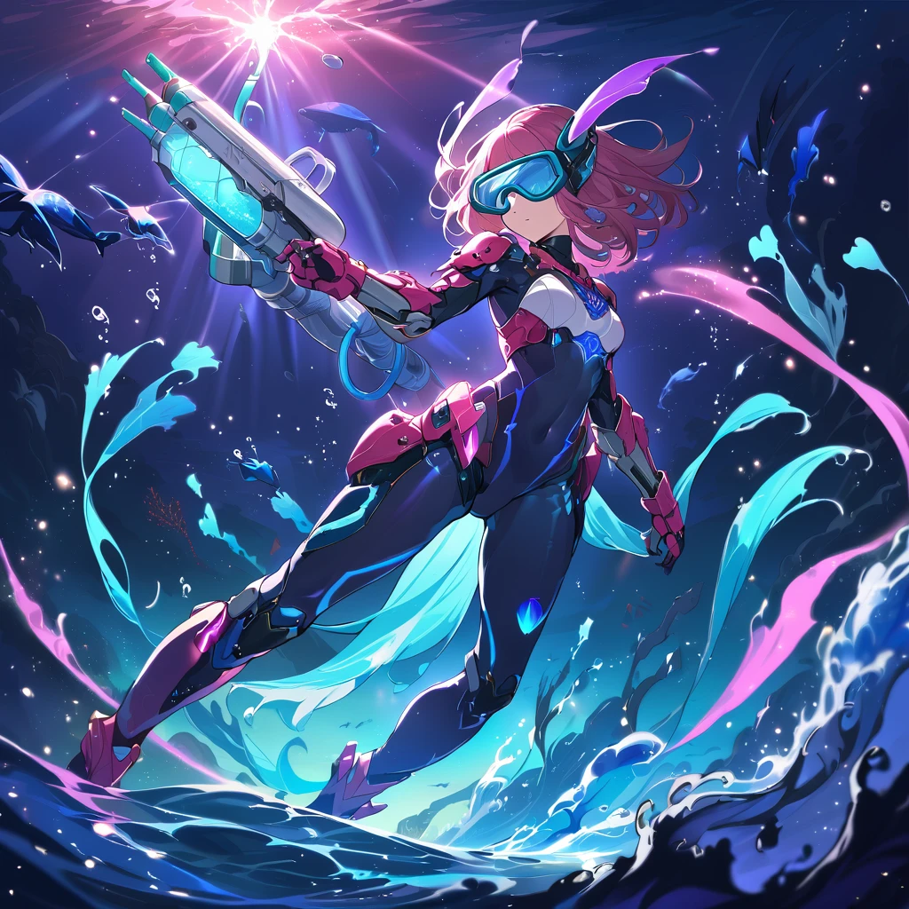 Digital artwork of a mecha girl equipped with an assumption of underwater combat, mermaid mecha girl, short hair, wolf cut hair, underwater goggles, futuristic snorkel, headgear, underwater bodysuit, tight skin, mermaid motif exoskeleton, equipment hydro pump cannon, underwater, underwater, seabed, dim, foam, light particles, cowboy shot, combat posture, underwater battle scene, battle stance, attack pose, The deep sea, night, (RGB bioluminescence glowing on body), masterpiece, best quality, ultra detailed, intricate detailed, highly detailed skin