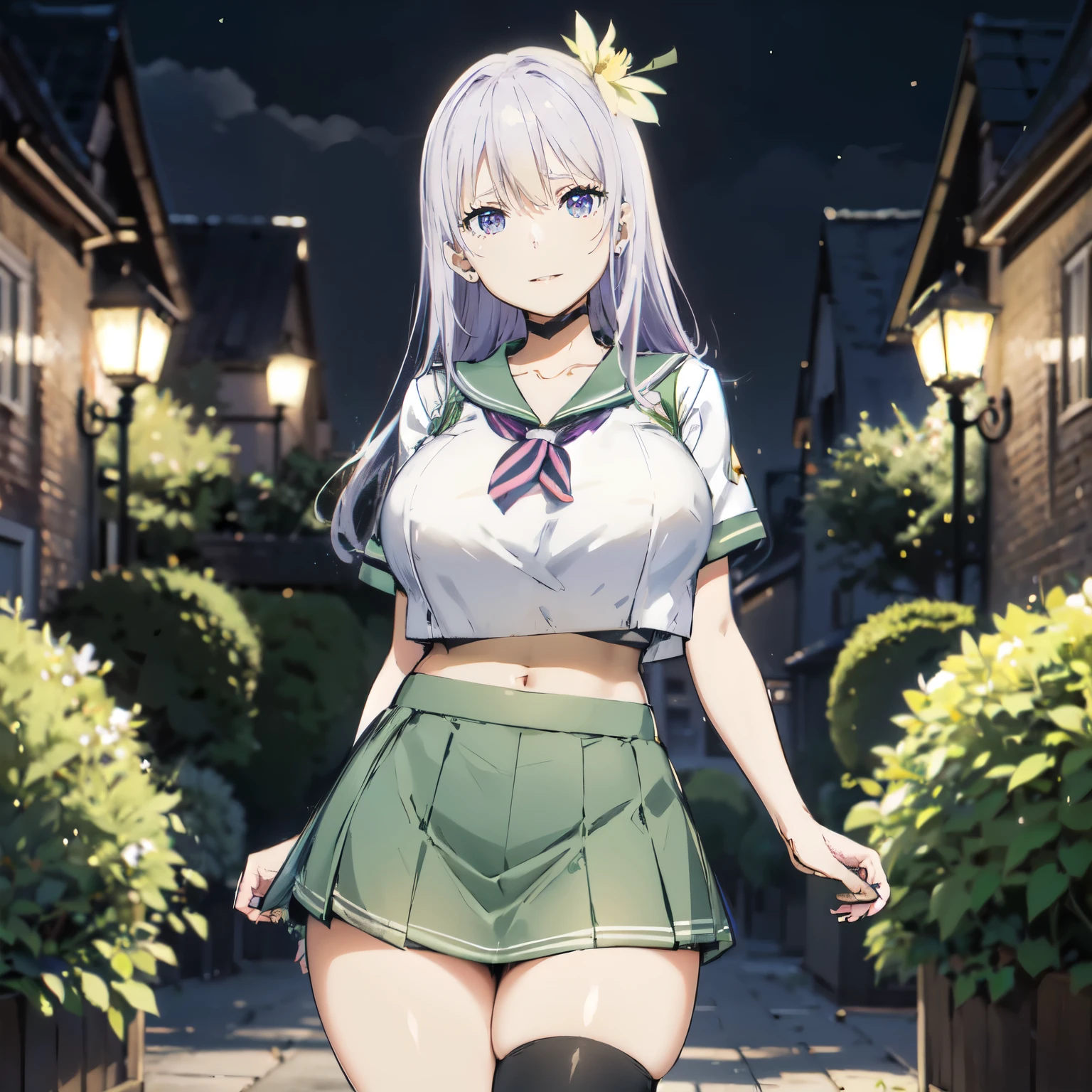 silver hair, very huge tits , ((sailor uniform, green short skirt)), ((thick, busty)), flower hairclip, purple eyes, long hair, upperbody, smile, legs, thigh, garden flower background