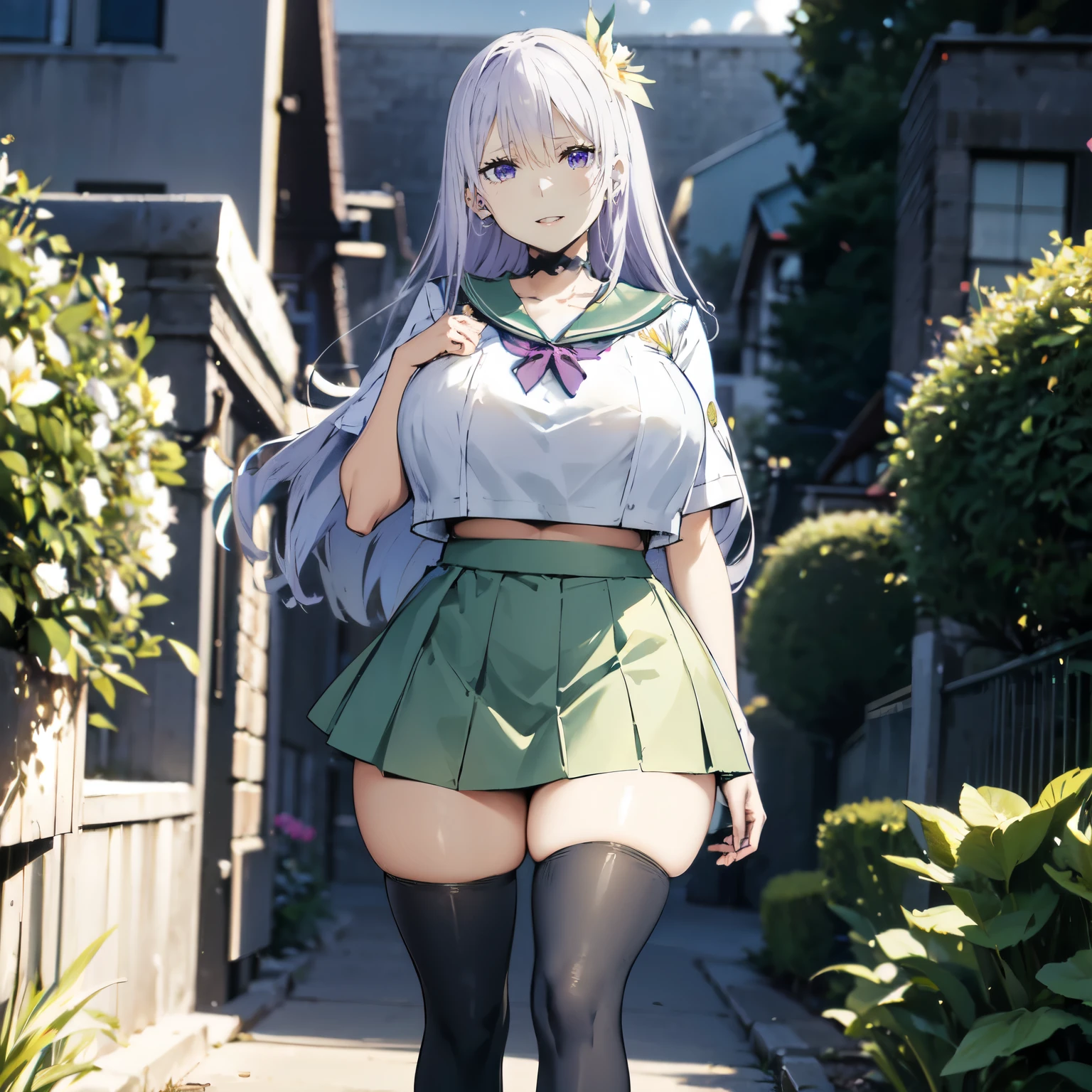 silver hair, very huge tits , ((sailor uniform, green short skirt)), ((thick, busty)), flower hairclip, purple eyes, long hair, upperbody, smile, legs, thigh, garden flower background