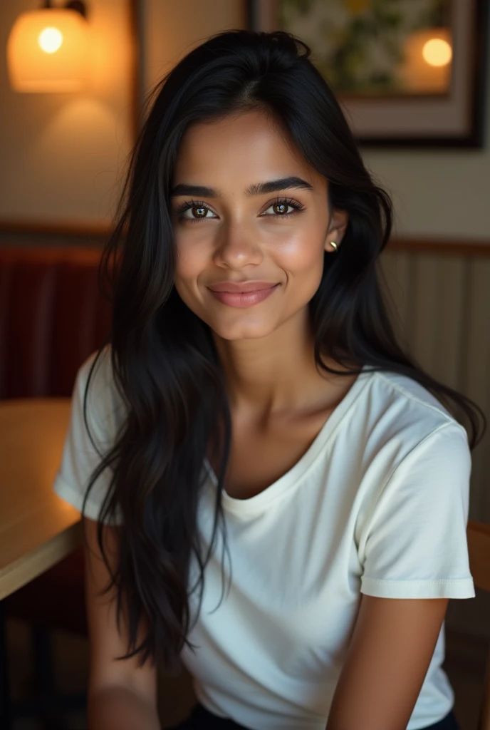 A cute real human type indian girl have cute eye and lips standing sexy pose and ware t shirt half body showing, have eye catching figure and smiling face  
