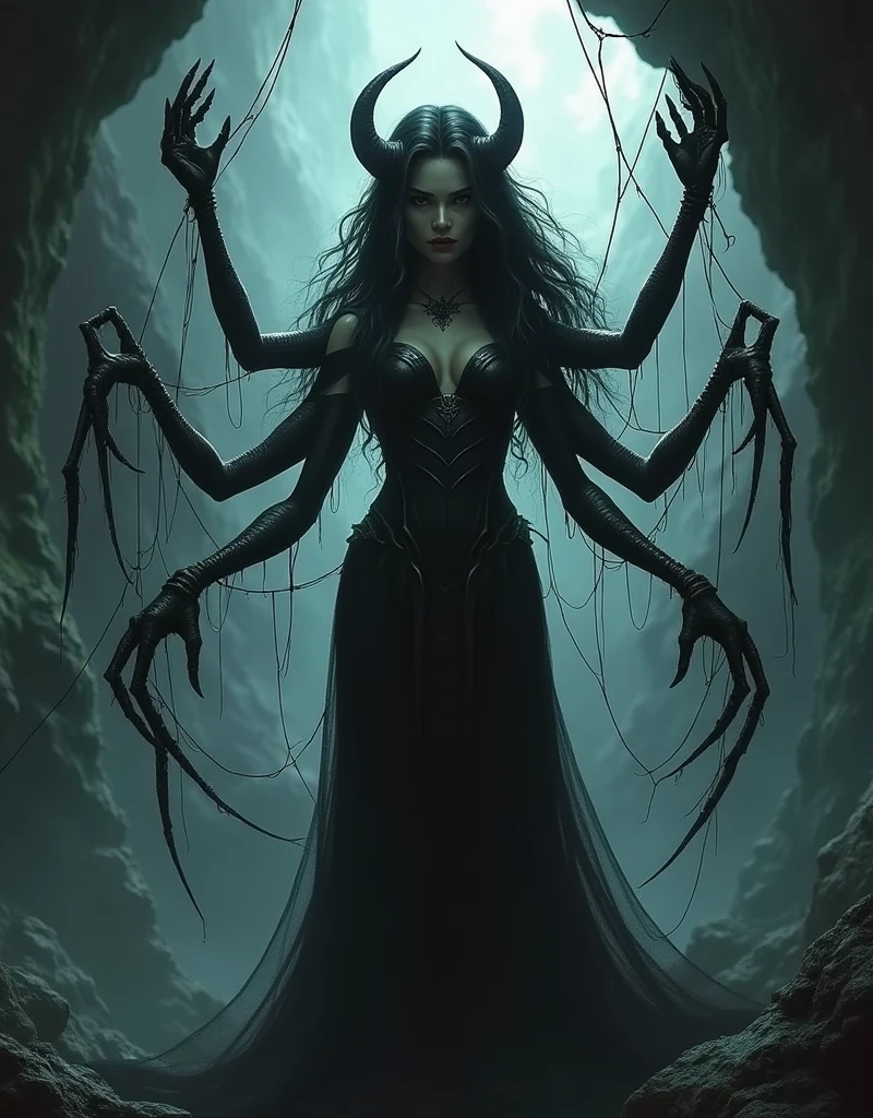 Giant woman with white eyes, four arms, and demonic horns and tail features.