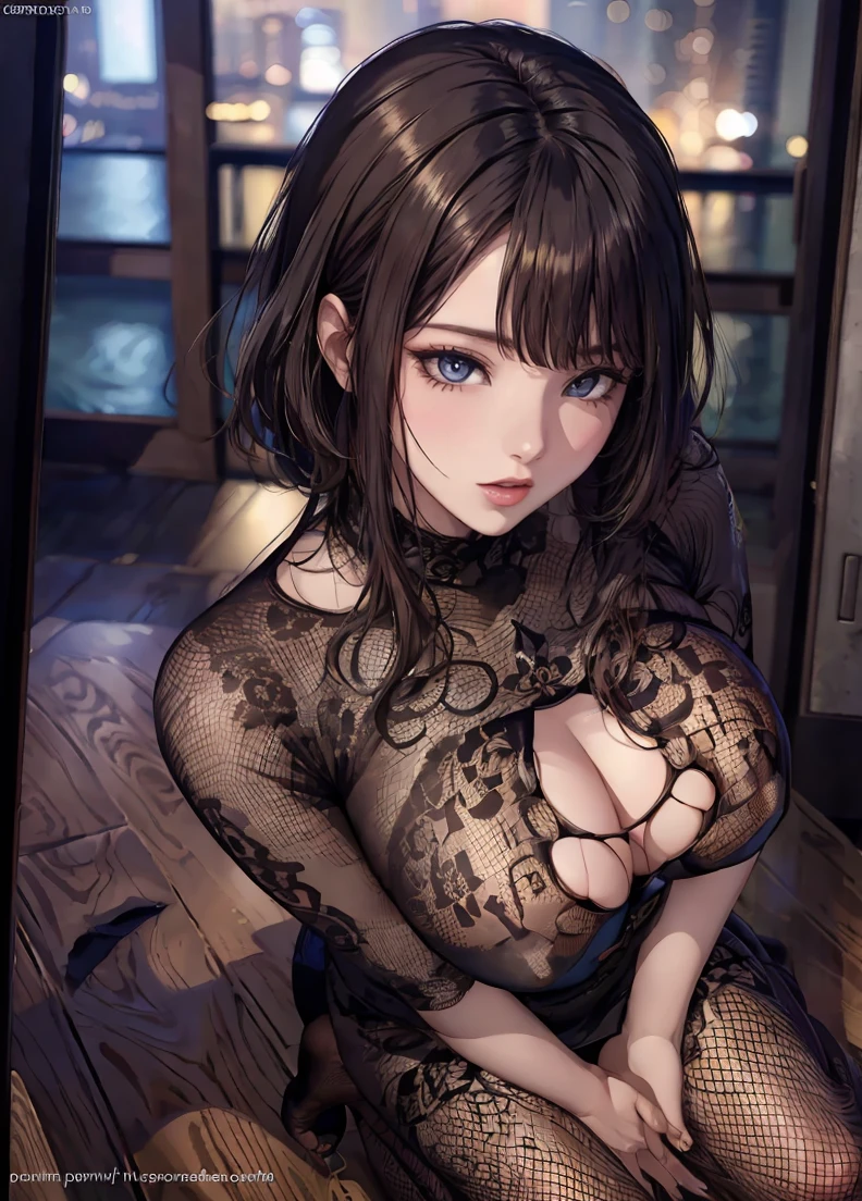 Her body and boobs are stained with white paint。you are a cat in heat。 cats walk on all fours。put your palm on your chin、put your elbows on the ground。 (Best Quality, hight resolution, masutepiece:1.2), Ultra-detailed, Realistic:1.37, left gold hair、 Inwardly curled short bob hair,Hide one eye with bangs 、Sleepy eyes, Beautiful detailed eyes, Beautiful detailed lips, Smile, Choker, Woman、She has a very large and beautiful bust、frontage、put big boobs on the ground、lie down on your stomach、lift your butt very, very high.、Forward leaning position、Like a cat;s yawning pose、raise your butt above your shoulders、lower the upper body、Full body show、open your mouth very, very wide。Elegant and questionable fishnet tights。