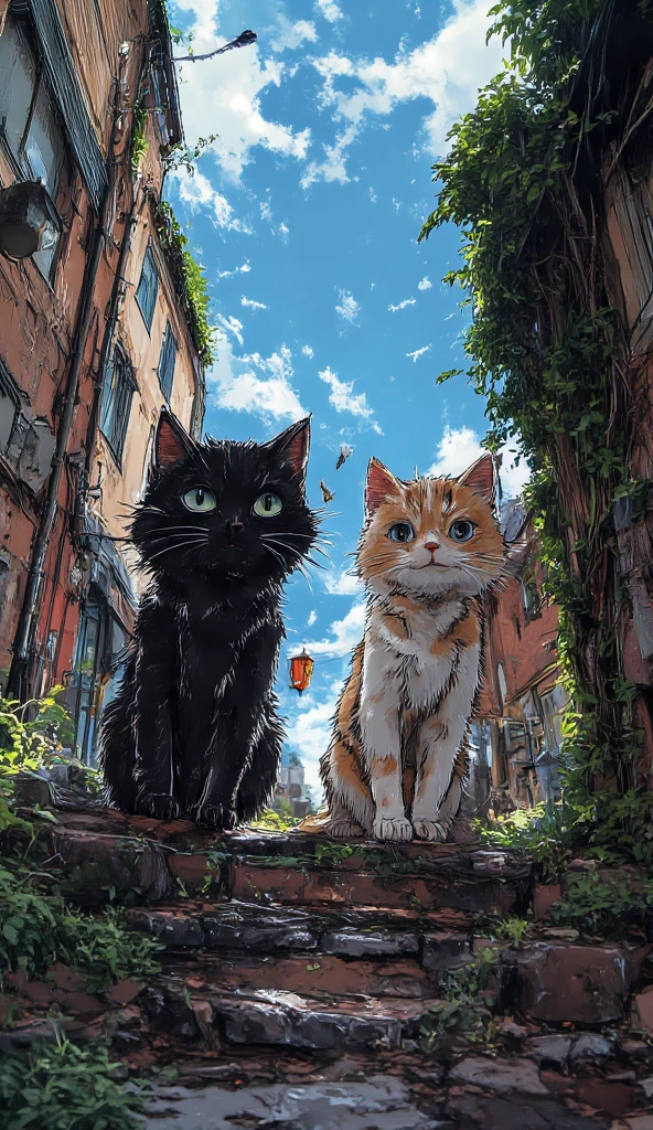 anime style, panoramic view, 2 cats, A black and brown-white catson stone steps, hunter, street cat, dirty and neglected, walking calmy on stone steps, in an old city, midjourneyv6.1