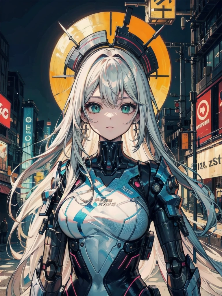 tmasterpiece,best qualtiy,ultra - detailed,very detailed illustration,The is very detailed,Complicated details,A high resolution,super complex detail,Very detailed 8k CG wallpaper,cowboy lens,Caustics,Reflectors,Ray traching,Demon Theme,Starcloud,darkness aura,cyber effect,(1girll:1.4),Solo,Alone,Mecha musume,mechanicalparts,robotjoints,single mechanical arm,Headgear,Mechanical Aura,Star halo,electric mechanical bodysuit,mecha corset,komono,Full armor,Very long hair,White hair , Hair between both eyes, Colorful hair, Colored inner hair, blue colored eyes, glowing light eyes, Eye trajectories, Random expressions, Random actions, Ancient Japanese architecture, ponds, starrysky, skylines,