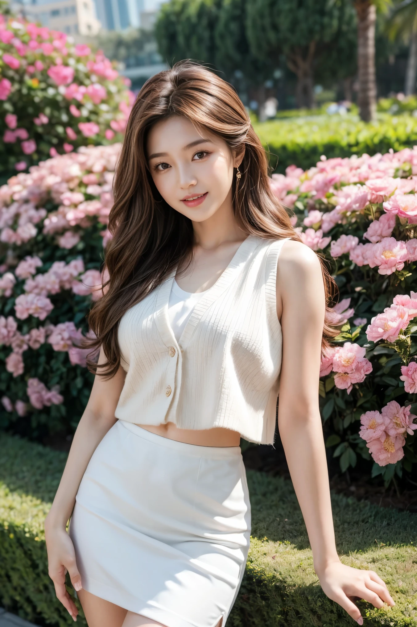 Bread chira、whole body、field, best quality, Realistic, super detailed, down to the last detail, High resolution, 4k wallpaper, Beautiful woman,, light brown hair, wore a suit, perfect dynamic composition, beautiful and delicate eyes, delicate hair, Round face model body type、mini skirt、drooping eyes