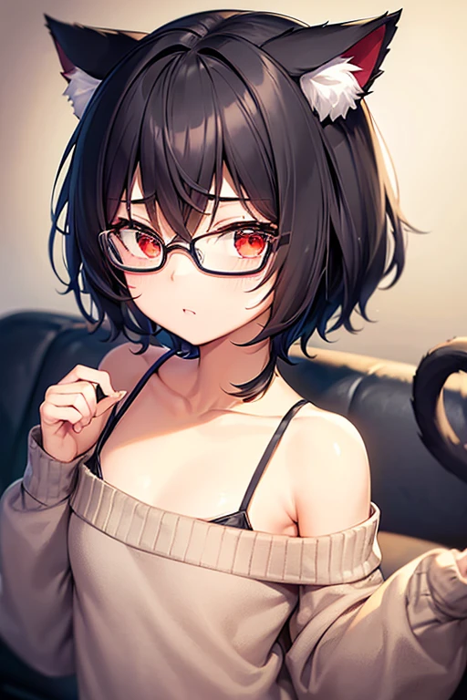 red oni girl, one horn, black hair, yellow eyes, lolita haircut, on tropical island, wearing glasses, horny face, nude, peeled, exhibitionism, tempting, 4k