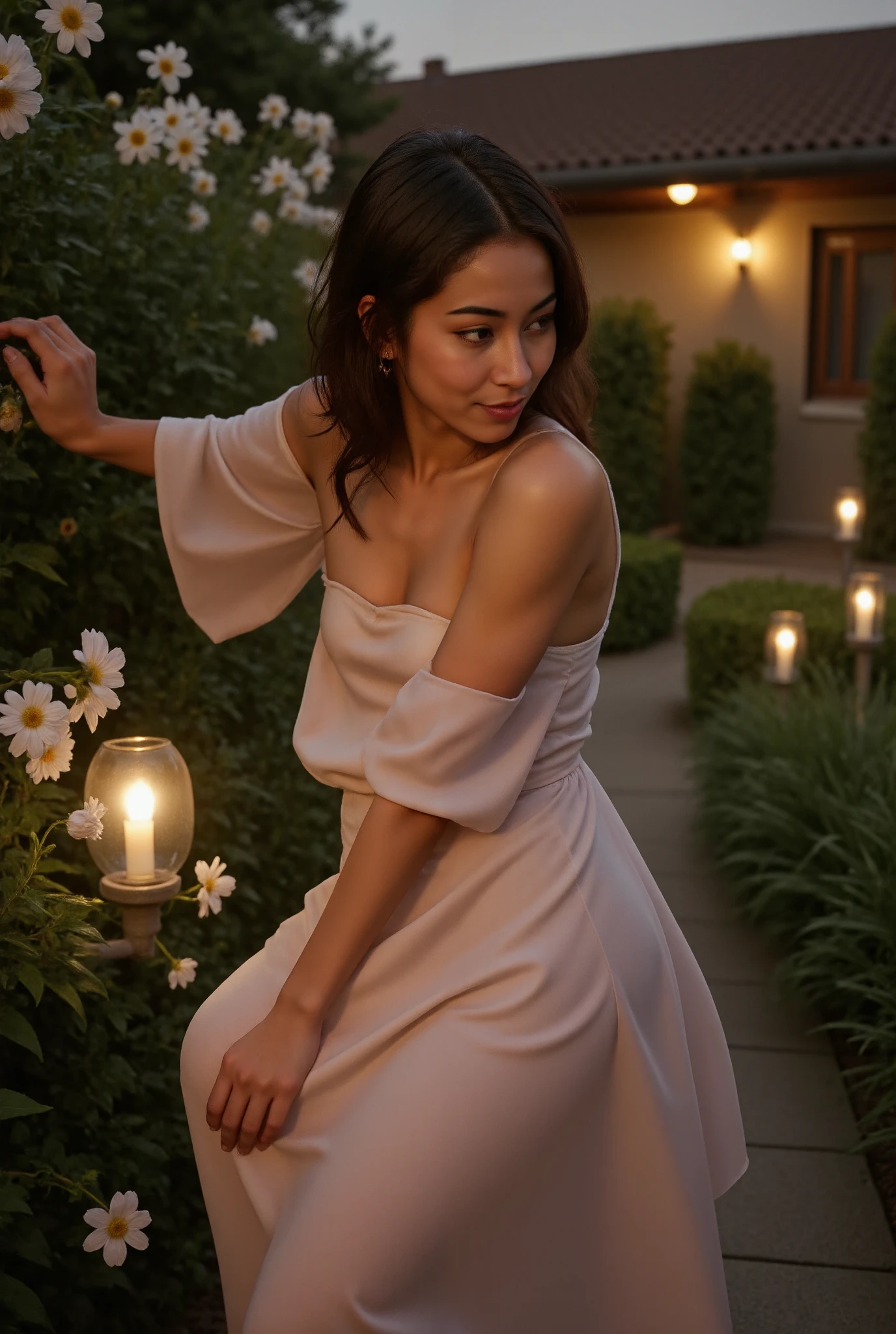 Set Eraa in an enchanting garden at twilight, surrounded by blooming flowers and soft candlelight illuminating the path ahead. She wears a flowing silk dress that clings to her body in all the right places—fitted at the bodice to showcase her curves before cascading down into a soft A-line skirt that sways gently around her legs as she walks. Position Eraa with one hand lightly brushing against a flower while the other rests on her hip, creating an inviting pose filled with allure. As she turns slightly, her head back just enough to expose the graceful curve of her neck—invitingly vulnerable yet confident. The soft breeze catches the silk fabric, making it cling to her skin momentarily before flowing away again. Capture this moment from a medium shot that highlights both Eraa’s enchanting beauty top to bottom. Her eyes sparkle with mischief as she gazes over her shoulder, inviting the viewer closer while maintaining an air of mystery. She bites her lip softly and lets out a playful laugh that dances through the air like music. The image has an amateur quality, slightly blurred in some areas, with soft focus on her face and upper body, contributing to a sensual, intimate atmosphere