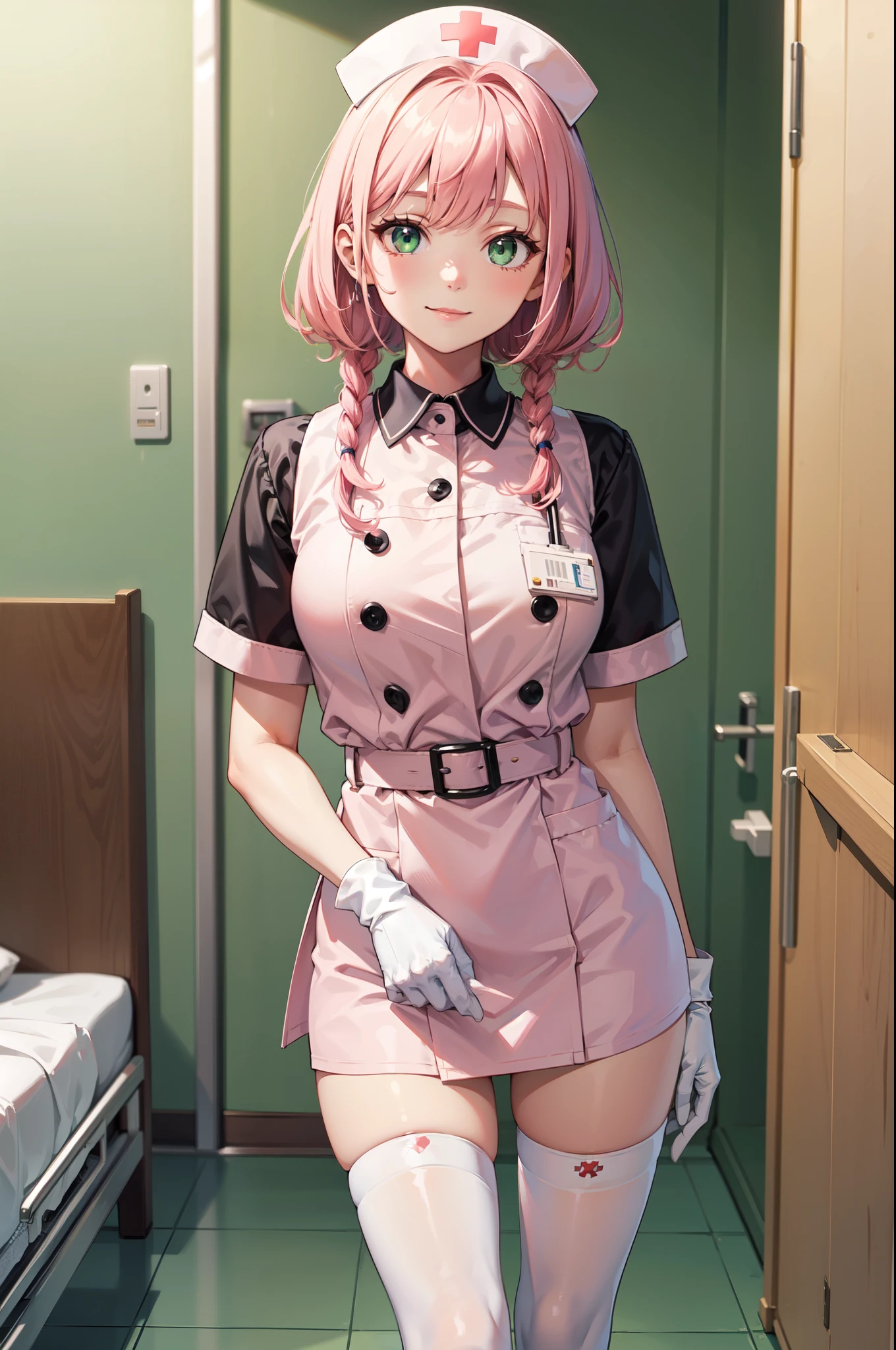 1woman, solo, nurse, nurse cap, white wear, ((white legwear, zettai ryouiki)), white gloves, pink hair, green eyes, drooping eyes, pink lips, smile, standing, ((hospital room)), sharp outline, short sleeves, mature female, 32 years old, best quality, masterpiece