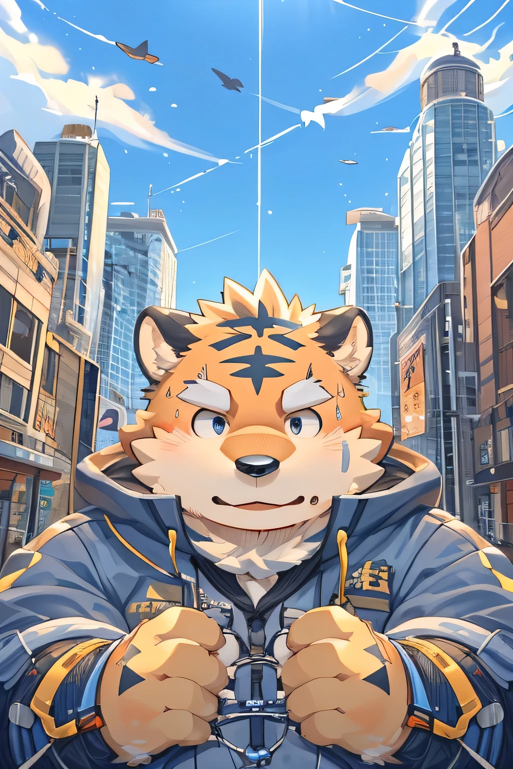 ( by Rusko :1.3),(by Mok_Nameko:1.2),( city week _and others:1.2),(by gammachaos:1.2),(by hyduyad14:1.2),(Author: ZIXiong:1.1),(by Arashi Takemoto),(kemono:1.2),Tiger,Fat,(chubby),White eyebrows,band othersue eyes,(Gray Hair:0.8)sweat,( orange fur :1.1),Fat face,Geokstrup