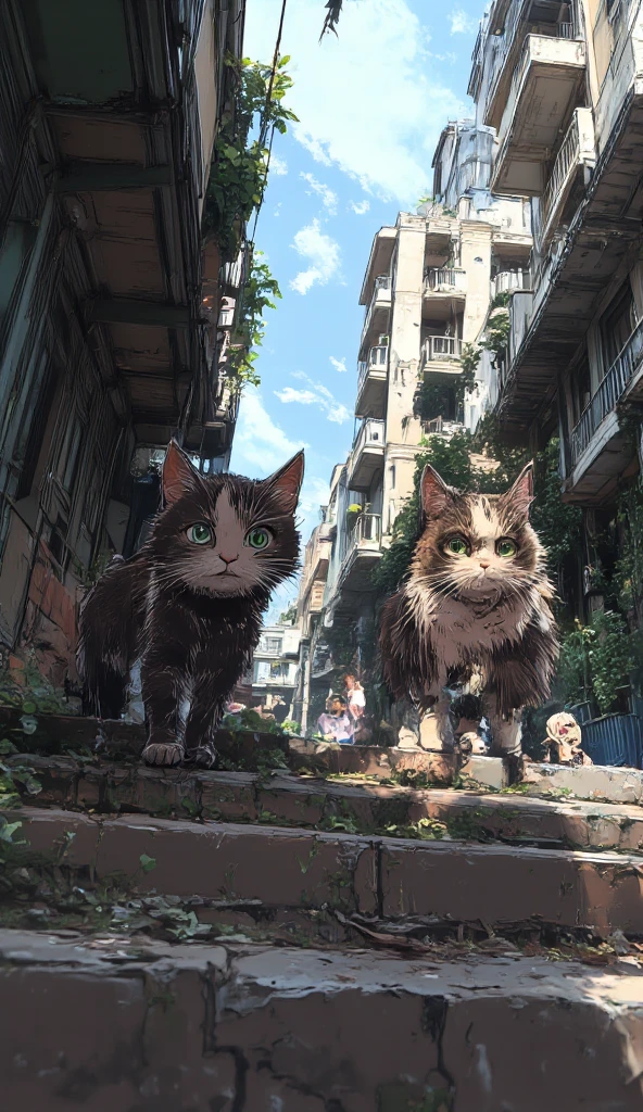 anime style, panoramic view, 2 cats, A black and brown-white catson stone steps, hunter, street cat, dirty and neglected, walking calmy on stone steps, in an old city, midjourneyv6.1