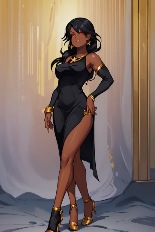 female, black long hair, red eyes, dark skin, (((1girl))), (((black sleeveless dress with gold trim))), (black detached sleeves), (gold necklace with ruby pendant), (gold Greek style heels), cute and sexy, full body, big breasts, long legs, smiling