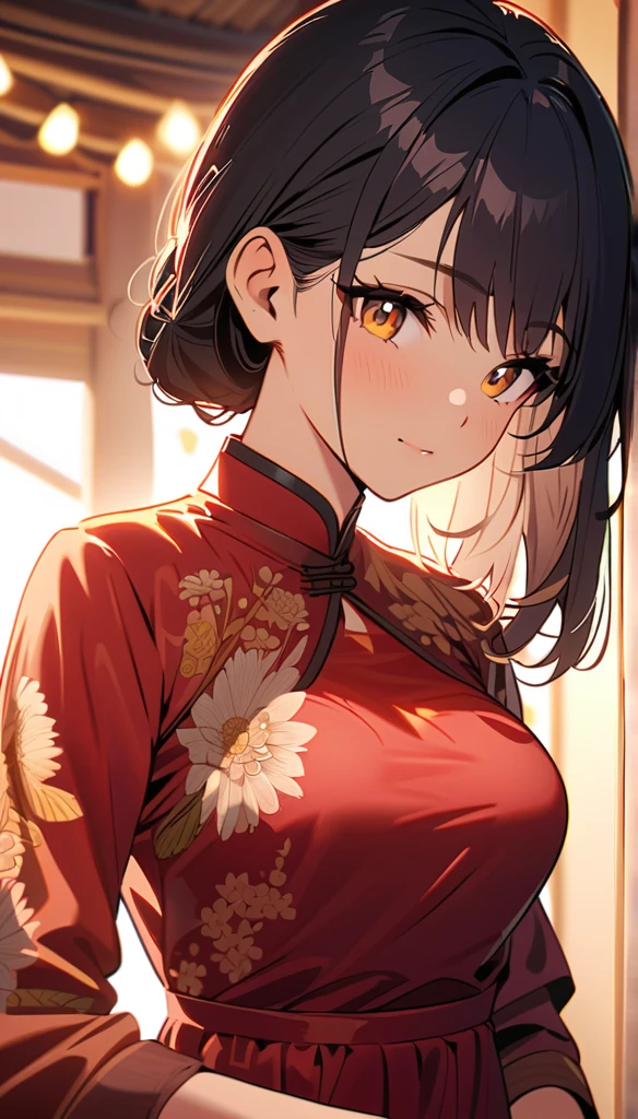 A pretty girl wearing a qipao, a traditional chinese outfit, exudes elegance and grace. The qipao is made of red silk, adorned with gold and silver floral embroidery that highlights its delicacy. Clothing is adjusted to the body, accentuating your curves in a subtle and sophisticated way.
The qipao has a high collar and side closures with ornamental buttons. The girl wears her hair in an elegant bun, with a few loose locks framing your face. Her eyes are highlighted by soft makeup and her lips have a pop of color that complements the outfit.. She displays a refined posture and a soft smile, personifying classic, timeless beauty.