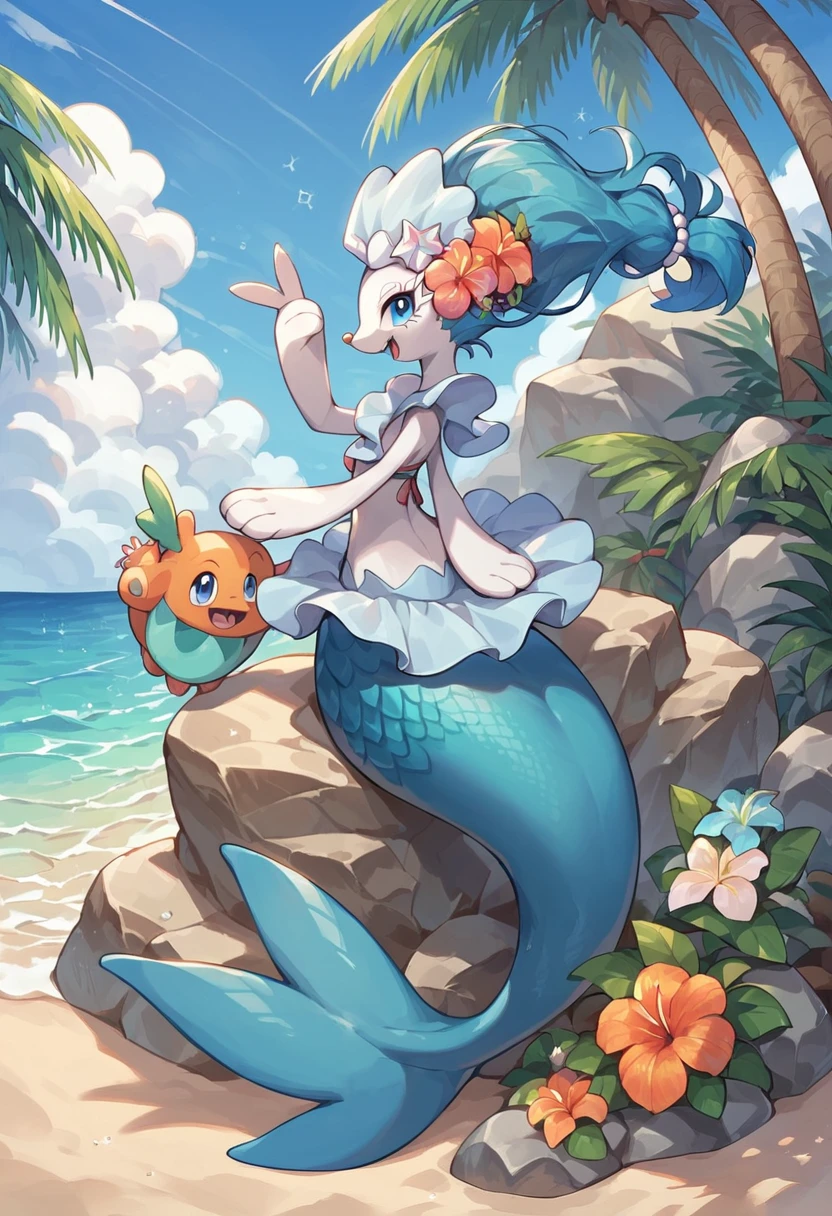 Pretty anthropomorphic mouse girl magically transformed into a mermaid, fantasy, race swap, long fangs, is smiling, drawn in anime style, fishlike, very long curly white hair, red eyes, white fur, slim body, whiskers, mouse ears, long mermaid tail below waistline, pelvic and dorsal fins, a pair of fish gills on her neck, seashells bra, pearl earrings and bracelets, pearl necklace, sitting on a rock, ocean surface, Highly detailed, masterpiece, high quality, 4K.