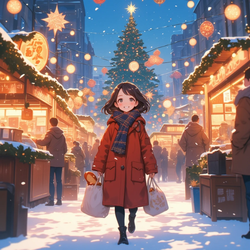 (Masterpiece, high quality, high definition, 4K, 8k,（（ anatomically correct human body 、Detailed face））、Cute anime style、detail、）、クリスマスに可愛い girlが雪降る昼間の街を歩くシーン、 girl（solo、Detailed cute face：1.2）、 carrying bags with ingredients 、French bread can be seen from the bag ））、 smiling happily 、Warm red coat ,　 Christmas Market 、 Christmas tree decorations are shining brightly , a large Christmas tree shines in the distance of the street 、 Happy atmosphere 、Cute anime 、（ anatomically correct human body 、Detailed face、）